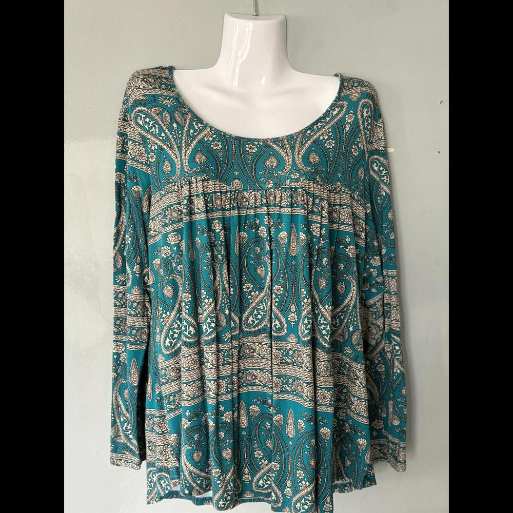 Women’s Teal and Tan Bohemian Printed Long Sleeve Shirt